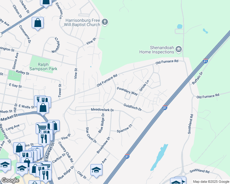 map of restaurants, bars, coffee shops, grocery stores, and more near 1204 Goldfinch Drive in Harrisonburg