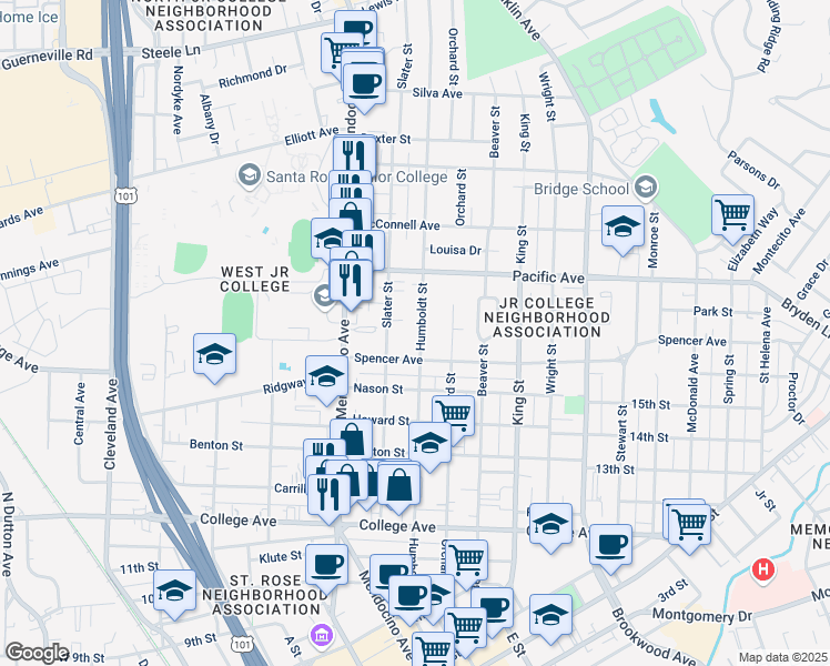 map of restaurants, bars, coffee shops, grocery stores, and more near 1121 Humboldt Street in Santa Rosa