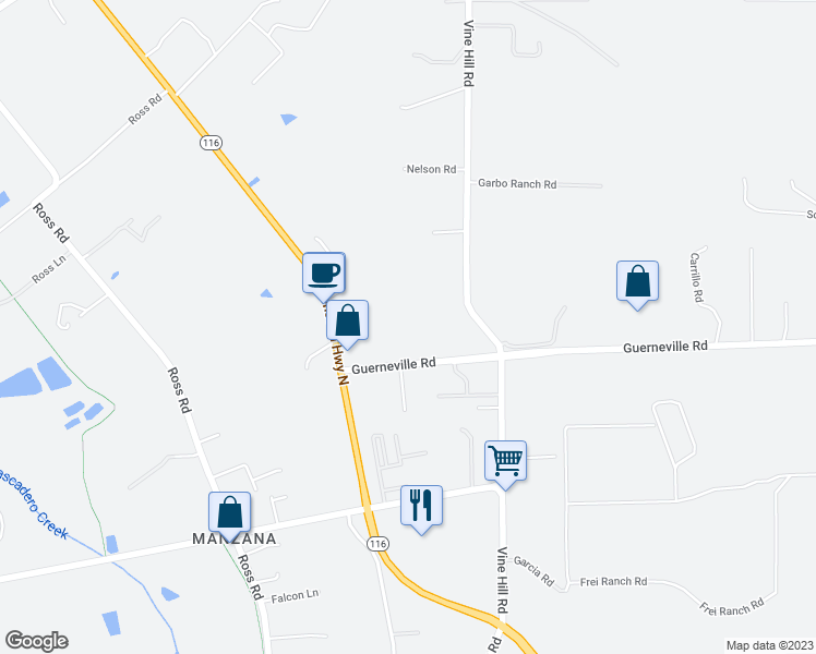 map of restaurants, bars, coffee shops, grocery stores, and more near 6576 Guerneville Road in Sebastopol