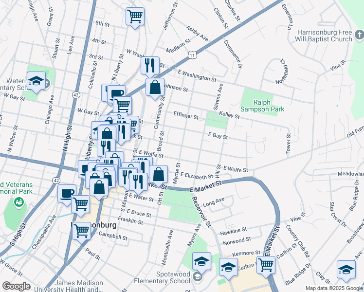 map of restaurants, bars, coffee shops, grocery stores, and more near 400 East Rock Street in Harrisonburg