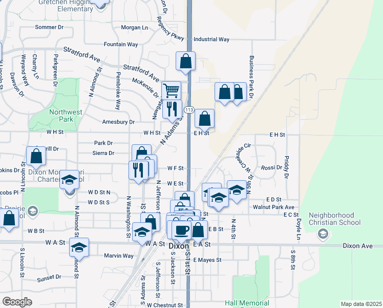 map of restaurants, bars, coffee shops, grocery stores, and more near 636 North 1st Street in Dixon