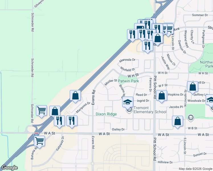 map of restaurants, bars, coffee shops, grocery stores, and more near 690 Woodard Way in Dixon