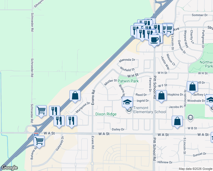 map of restaurants, bars, coffee shops, grocery stores, and more near 690 Woodard Way in Dixon