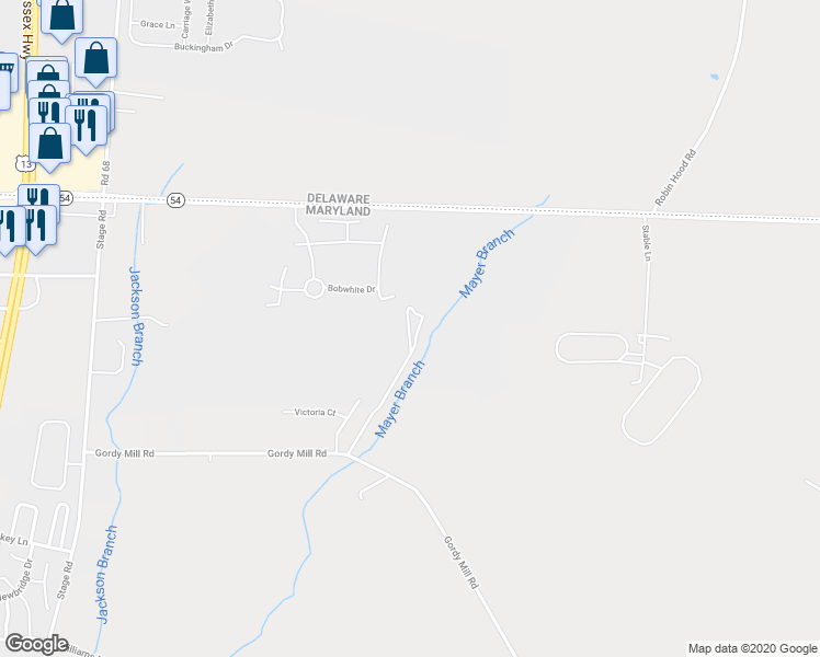 map of restaurants, bars, coffee shops, grocery stores, and more near 30750 Gordy Mill Road in Delmar