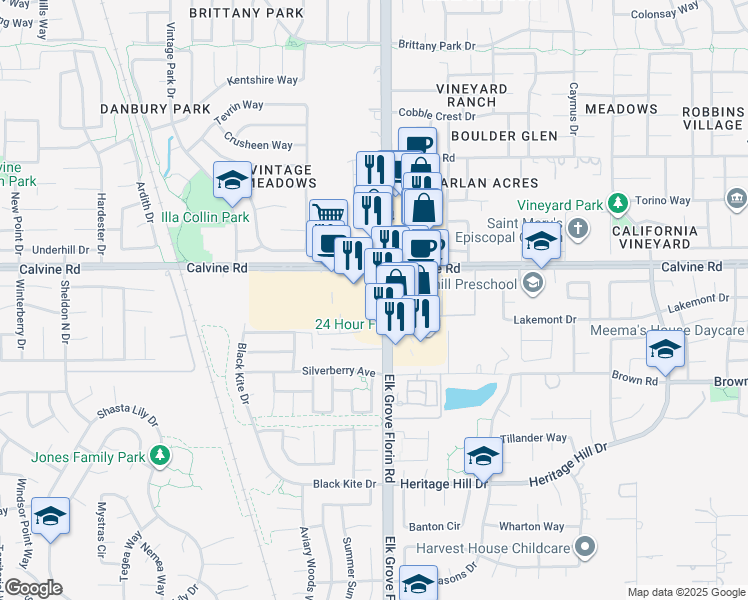 map of restaurants, bars, coffee shops, grocery stores, and more near 8426 Elk Grove Florin Road in Elk Grove
