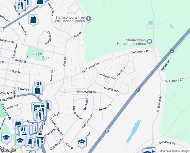 map of restaurants, bars, coffee shops, grocery stores, and more near 1204 Goldfinch Drive in Harrisonburg
