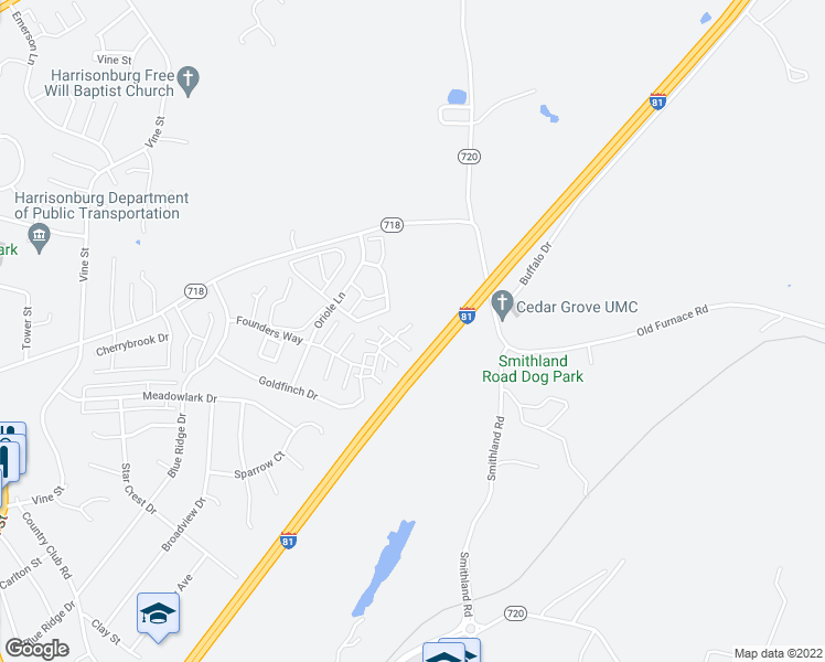 map of restaurants, bars, coffee shops, grocery stores, and more near 1467 Founders Way in Harrisonburg