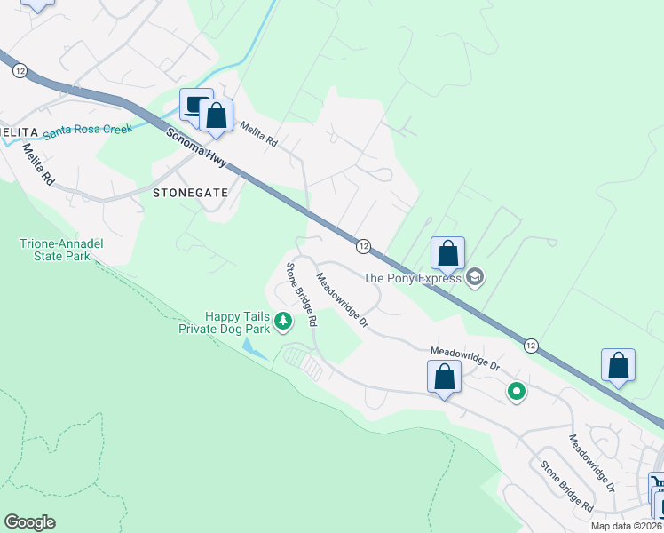 map of restaurants, bars, coffee shops, grocery stores, and more near 6297 Meadowridge Drive in Santa Rosa