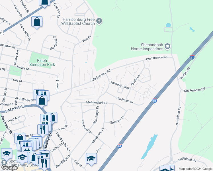 map of restaurants, bars, coffee shops, grocery stores, and more near 1204 Goldfinch Drive in Harrisonburg