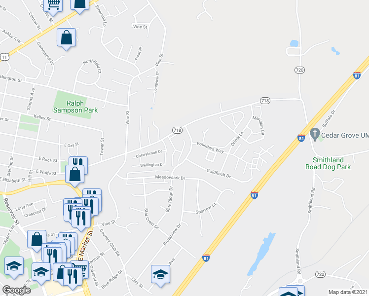 map of restaurants, bars, coffee shops, grocery stores, and more near 1141 Wellington Drive in Harrisonburg