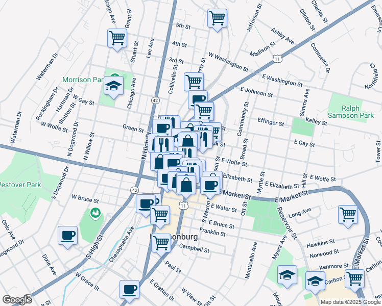 map of restaurants, bars, coffee shops, grocery stores, and more near 157 North Main Street in Harrisonburg
