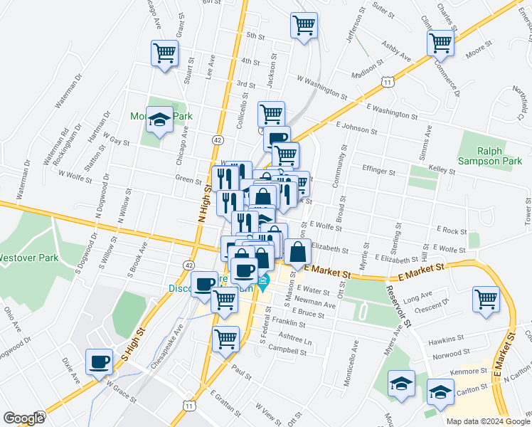 map of restaurants, bars, coffee shops, grocery stores, and more near 157 North Main Street in Harrisonburg