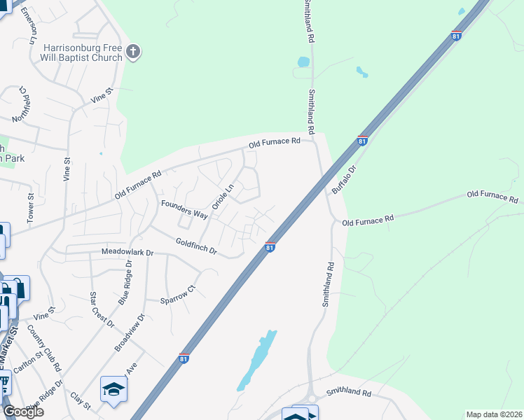 map of restaurants, bars, coffee shops, grocery stores, and more near 1115 Nathan Hale Court in Harrisonburg