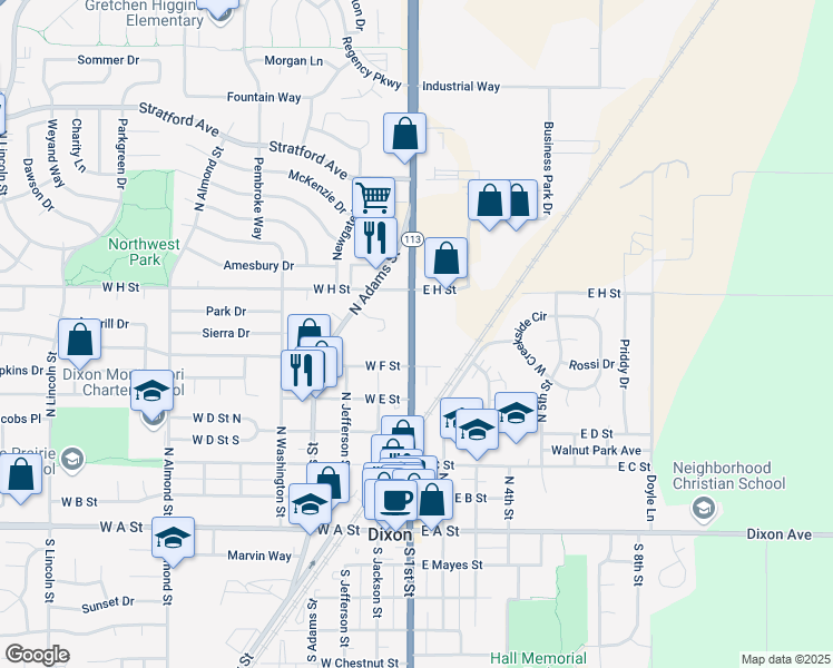 map of restaurants, bars, coffee shops, grocery stores, and more near 636 North 1st Street in Dixon