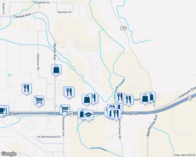 map of restaurants, bars, coffee shops, grocery stores, and more near 116-156 Sunrise Mesa Drive in Cañon City