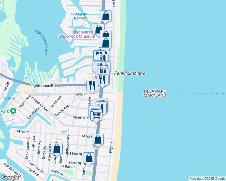 map of restaurants, bars, coffee shops, grocery stores, and more near 118 146th Street in Ocean City