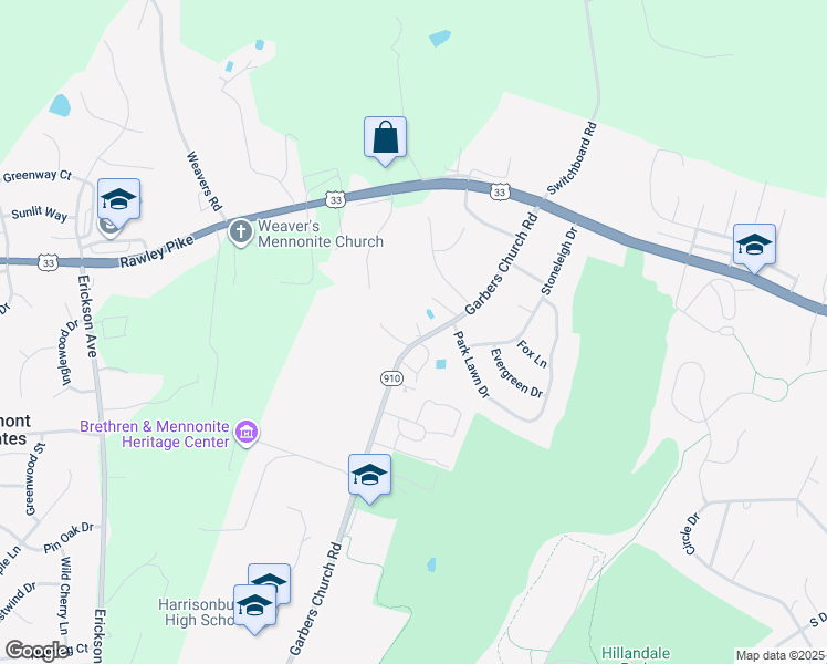 map of restaurants, bars, coffee shops, grocery stores, and more near 491 Garbers Church Road in Harrisonburg