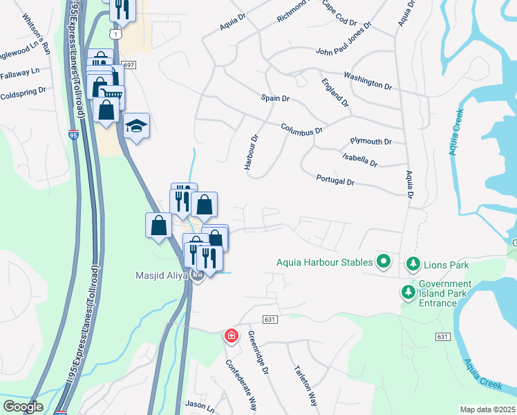 map of restaurants, bars, coffee shops, grocery stores, and more near 33 Fern Oak Circle in Stafford