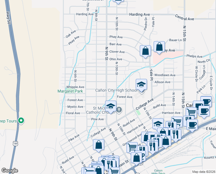 map of restaurants, bars, coffee shops, grocery stores, and more near 902 Whipple Ave in Cañon City