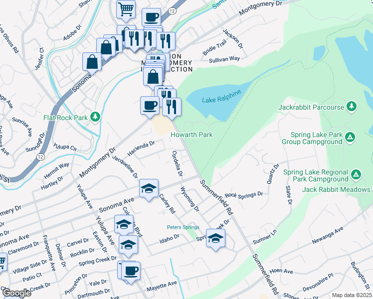 map of restaurants, bars, coffee shops, grocery stores, and more near Summerfield Road & Ahl Park Court in Santa Rosa