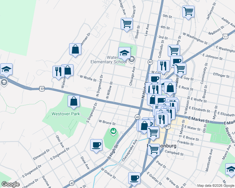 map of restaurants, bars, coffee shops, grocery stores, and more near 4 Shenandoah Avenue in Harrisonburg