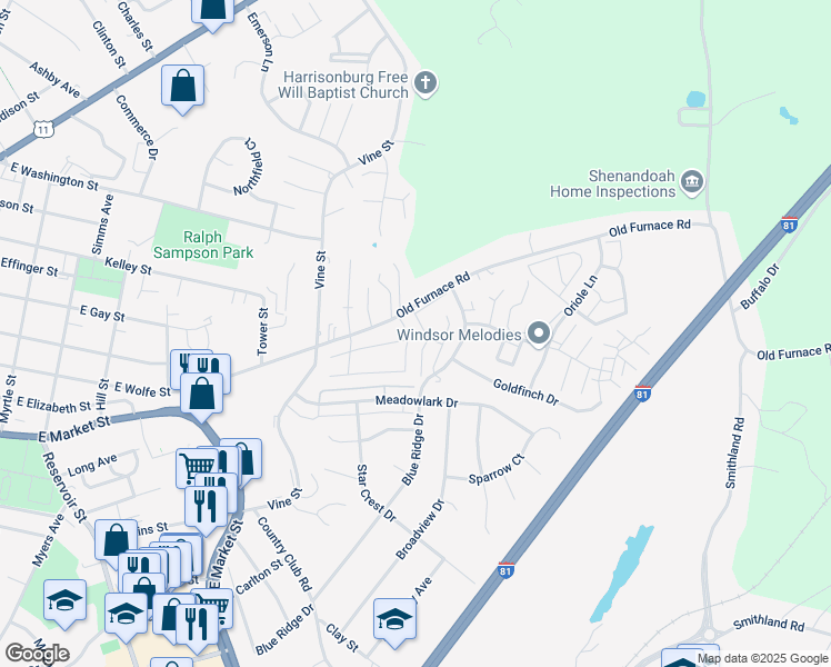 map of restaurants, bars, coffee shops, grocery stores, and more near 1141 Wellington Drive in Harrisonburg