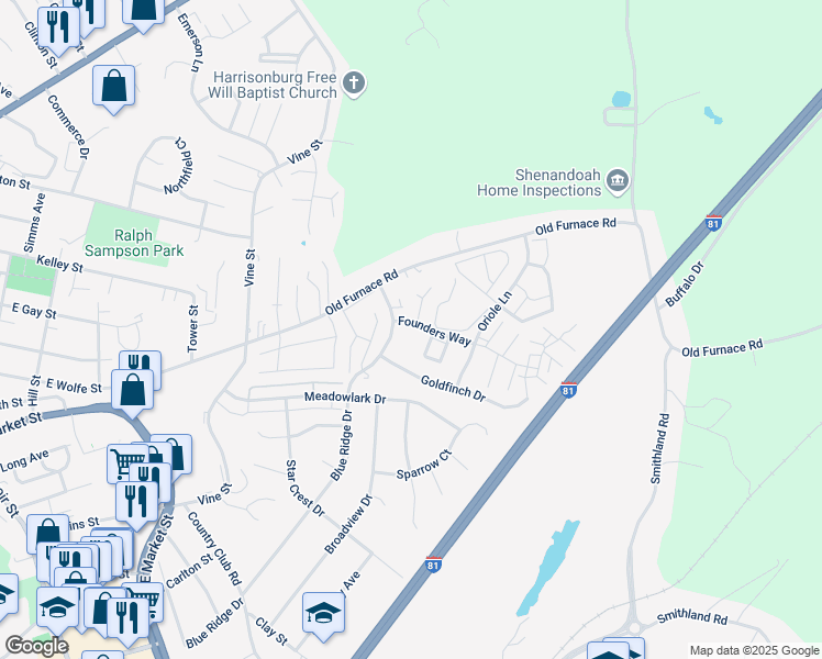 map of restaurants, bars, coffee shops, grocery stores, and more near 1215 Founders Way in Harrisonburg