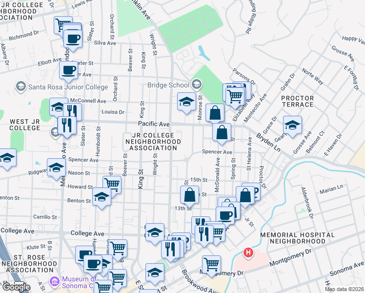 map of restaurants, bars, coffee shops, grocery stores, and more near 1248 North Street in Santa Rosa