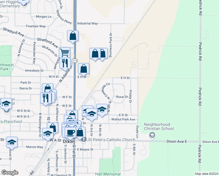 map of restaurants, bars, coffee shops, grocery stores, and more near 430 Bruhn Court in Dixon