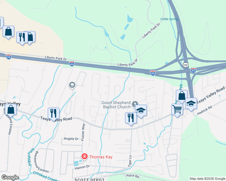 map of restaurants, bars, coffee shops, grocery stores, and more near 110 Dominic Drive in Scott Depot