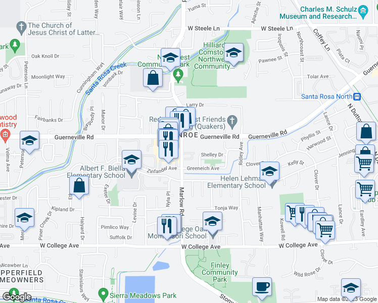 map of restaurants, bars, coffee shops, grocery stores, and more near 1778 Marlow Road in Santa Rosa