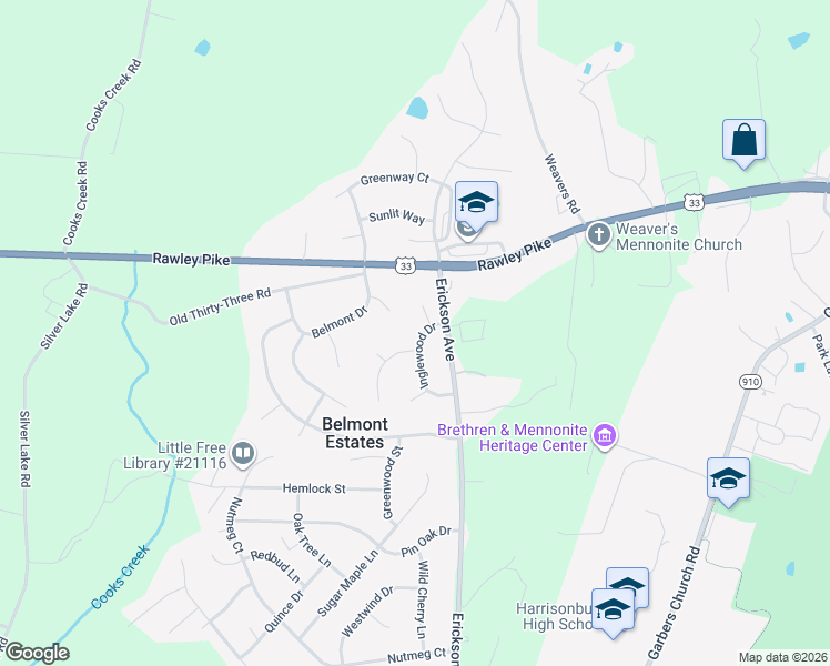 map of restaurants, bars, coffee shops, grocery stores, and more near 2926 Inglewood Drive in Harrisonburg
