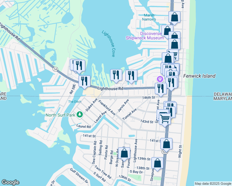 map of restaurants, bars, coffee shops, grocery stores, and more near 39620 East Sun Drive in Fenwick Island