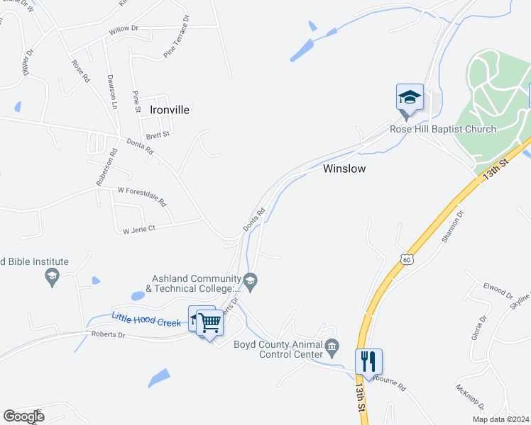 map of restaurants, bars, coffee shops, grocery stores, and more near 4500 Roberts Drive in Ashland