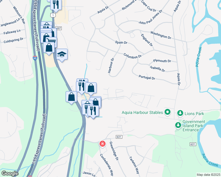 map of restaurants, bars, coffee shops, grocery stores, and more near 210 Wild Oak Lane in Stafford