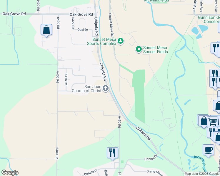 map of restaurants, bars, coffee shops, grocery stores, and more near 16322 Chipeta Drive in Montrose