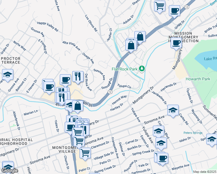 map of restaurants, bars, coffee shops, grocery stores, and more near 116 Yulupa Circle in Santa Rosa