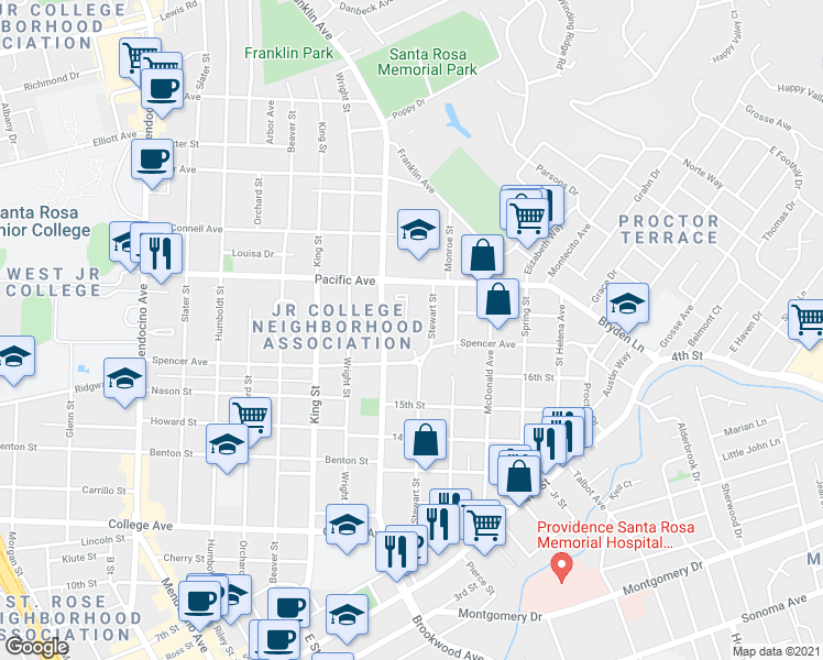 map of restaurants, bars, coffee shops, grocery stores, and more near 1248 North Street in Santa Rosa