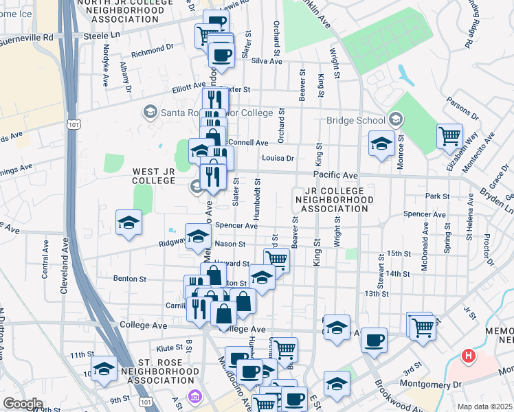 map of restaurants, bars, coffee shops, grocery stores, and more near 1117 Humboldt Street in Santa Rosa
