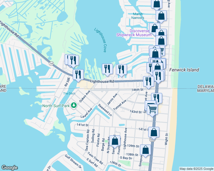 map of restaurants, bars, coffee shops, grocery stores, and more near 14311 Laurel Avenue in Ocean City
