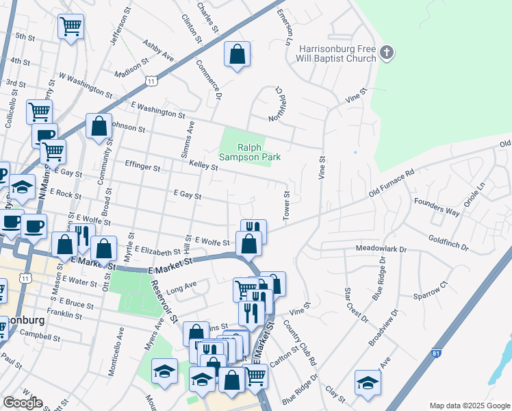 map of restaurants, bars, coffee shops, grocery stores, and more near 703 E Gay St in Harrisonburg