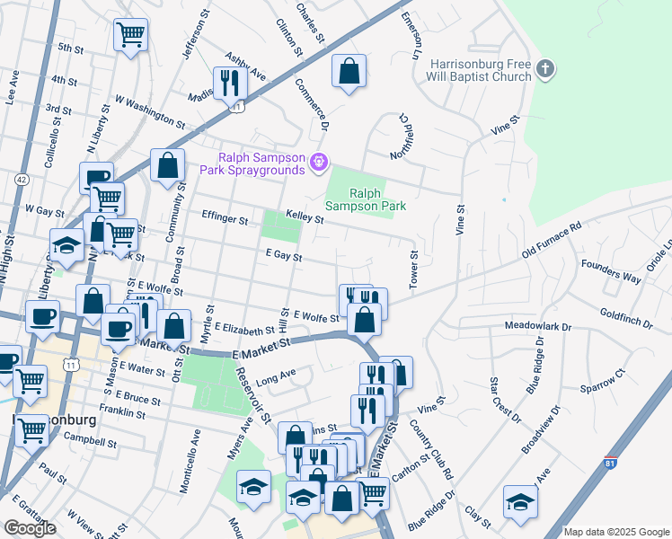 map of restaurants, bars, coffee shops, grocery stores, and more near 341 Summit Street in Harrisonburg