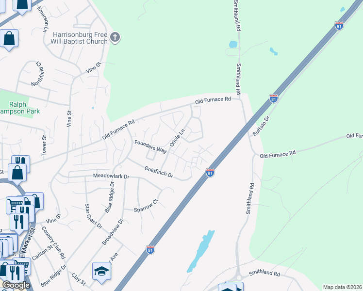 map of restaurants, bars, coffee shops, grocery stores, and more near 1123 Patrick Henry Place in Harrisonburg