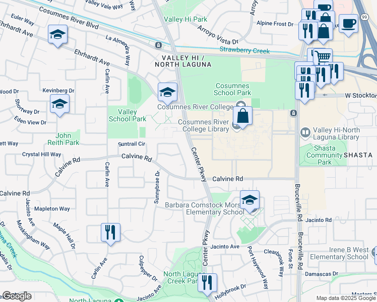 map of restaurants, bars, coffee shops, grocery stores, and more near 8426 Center Parkway in Sacramento