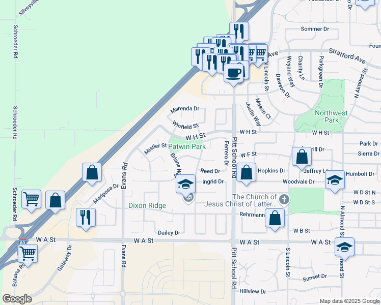 map of restaurants, bars, coffee shops, grocery stores, and more near 1635 Sequoia Way in Dixon