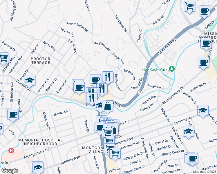map of restaurants, bars, coffee shops, grocery stores, and more near 160 Alice Street in Santa Rosa