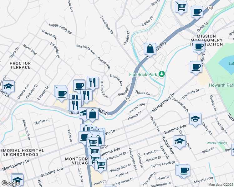 map of restaurants, bars, coffee shops, grocery stores, and more near 2202 Sunrise Avenue in Santa Rosa