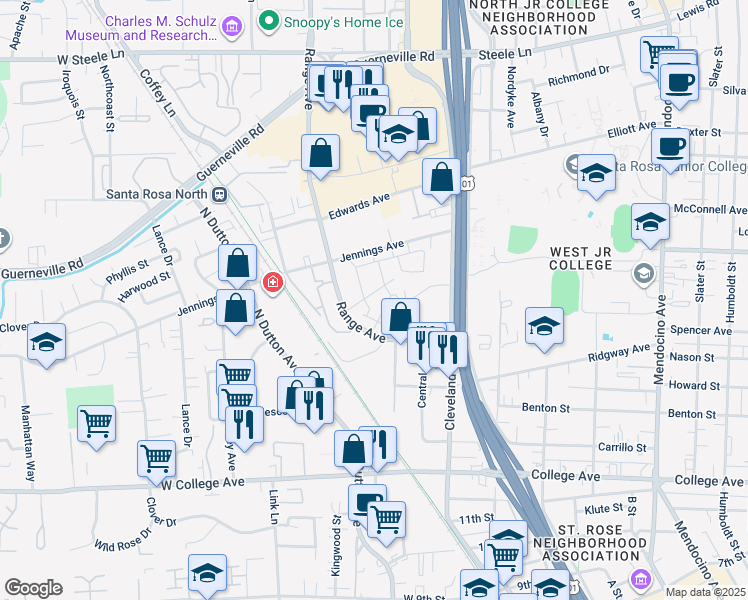 map of restaurants, bars, coffee shops, grocery stores, and more near 1020 Jennings Avenue in Santa Rosa