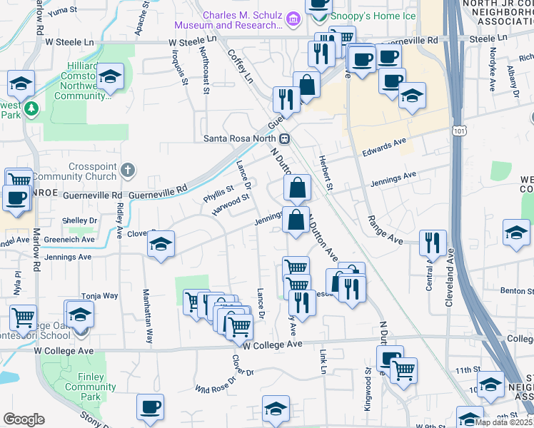 map of restaurants, bars, coffee shops, grocery stores, and more near 1217 Jennings Avenue in Santa Rosa