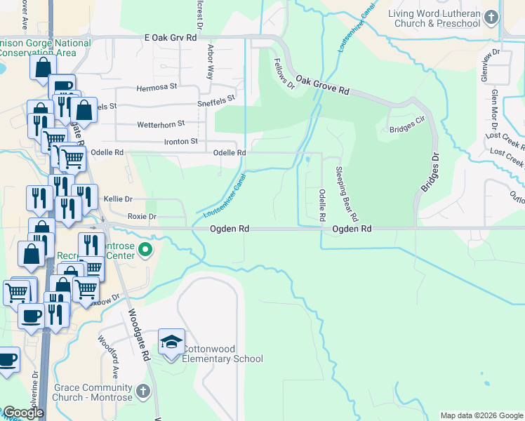 map of restaurants, bars, coffee shops, grocery stores, and more near 66059 Ogden Road in Montrose